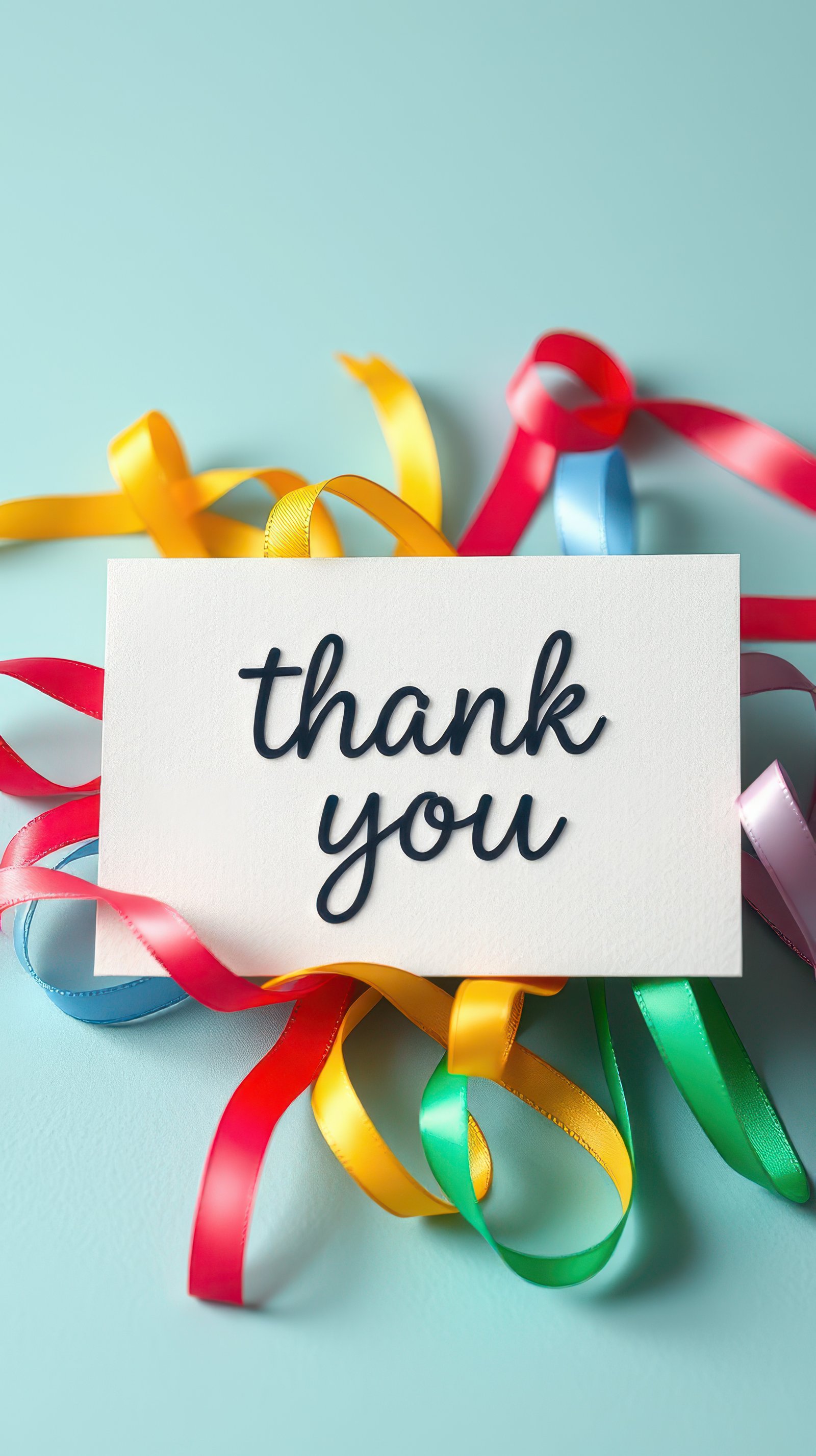 Thank you card surrounded by colorful ribbons set against a light blue background